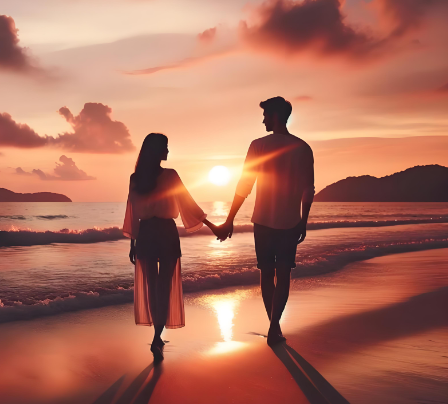 逆光中一对青年夫妻牵手的背影，地面有长长的影子