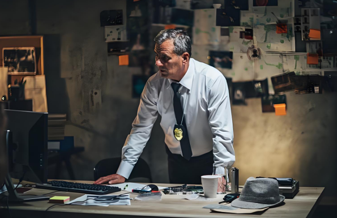 疲惫但专注的侦探在灯光下分析案件资料，桌上散落着文件与咖啡杯